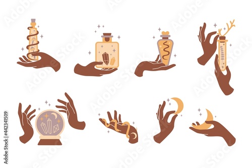 Mystic boho set of female hands and symbols, moon, cristal, snake, star, glass. Vector magic flat illustration. Trendy minimalist signs for design of cosmetics, jewelry, handmade products