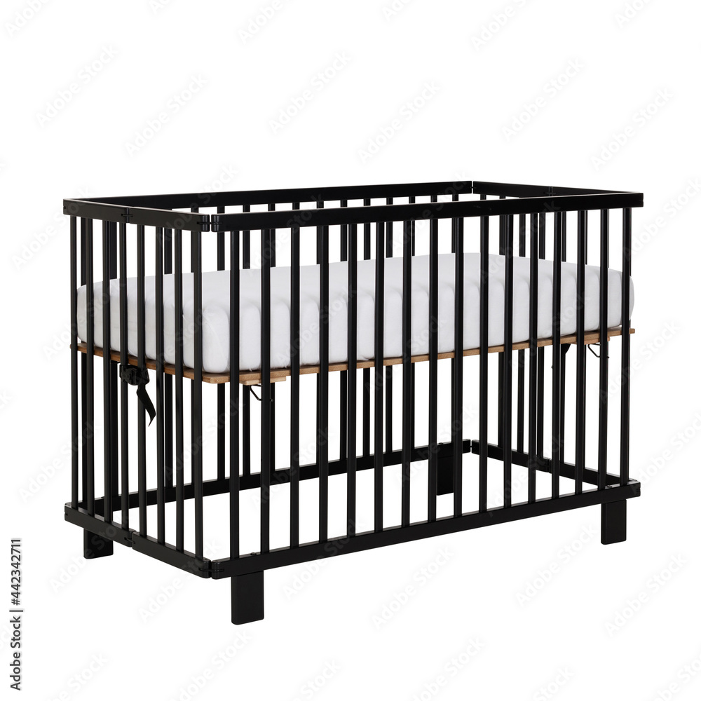 Black baby bed box crib isolated on white background