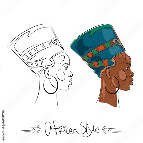 Egyptian Queen Nefertiti in African style. Portrait of an African woman in profile. Vector line art isolated on white.