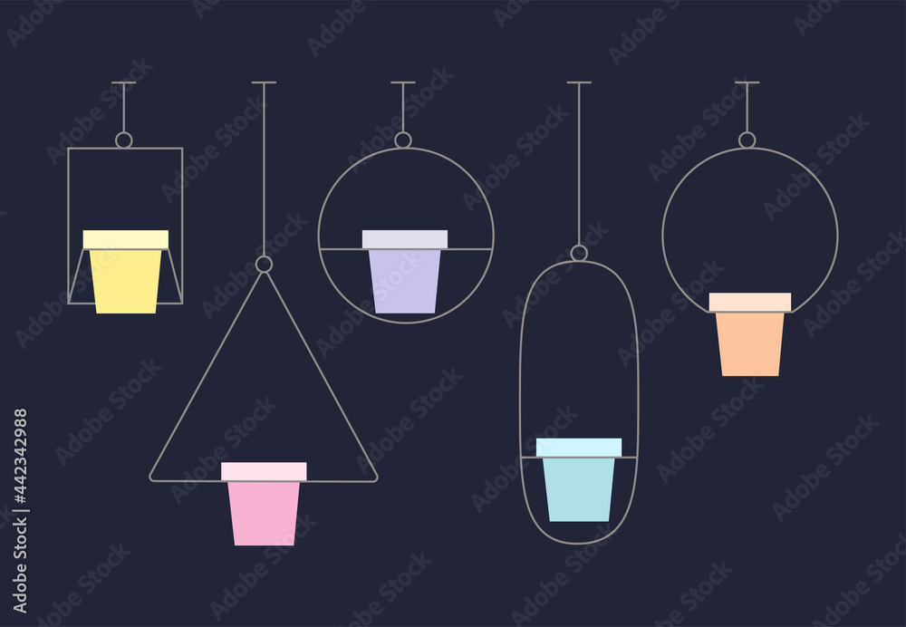 Flowerpot sticker set on a dark isolated backdrop. House plant pot for gift card, home plants store logo, bath tile, web landing page. Phone case or cloth print. Flat style stock vector illustration
