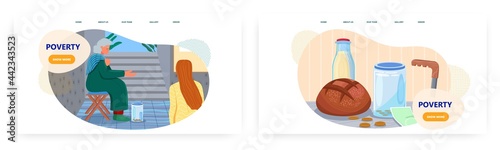 Poverty landing page design, website banner vector template set. Senior poor woman begging with outstretched hands.
