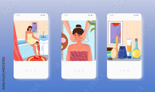 Body scrub, anti cellulite treatment, skin care. Mobile app screens, vector website banner template. UI, web site design