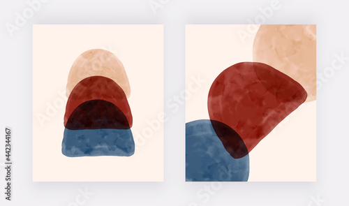 Wall art prints with blue, beige and terracotta watercolor shapes
