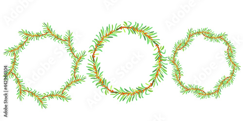 Set of sea buckthorn wreaths. Sea buckthorn berries and leaves. Vector illustration.