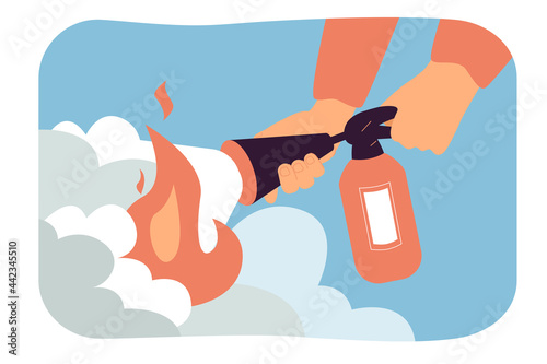 Hands of fireman with fire extinguisher. Man extinguishing fire while squeezing handle, flame in home flat vector illustration. Fire safety, emergency, caution concept for banner, website design