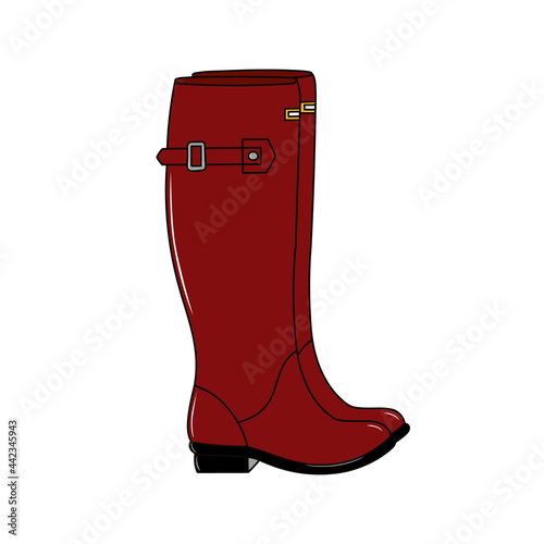 Pair of red shiny rubber boots. Waterproof footwear for Autumn rainy weather. Fashion burgundy gumboots, wellingtons. Fall season rain boots. Cartoon vector object, design element isolated