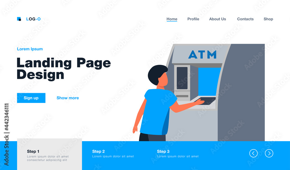 Little boy getting money from ATM. Cash, machine, banking flat vector illustration. Finance and digital technology concept for banner, website design or landing web page Little boy getting money from ATM. Cash, machine, banking flat vector illustration. Finance and digital technology concept for banner, website design or landing web page
