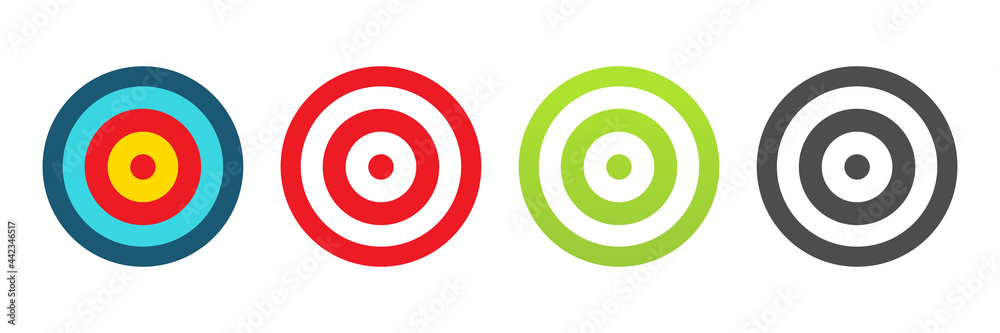 Archery target colorful icon set. Goal symbols collection. Darts game elements. Marketing or business aim. Vector illustration isolated on white