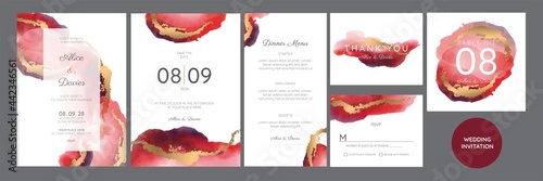 Set of Wedding Invitation, thank you, rsvp rustic card design with gold foil decoration. Vector elegant modern template, trendy cover, graphic poster, retro brochure, design template