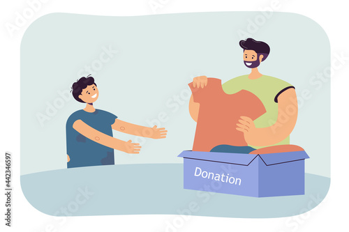 Volunteer giving new clothes to needy boy. Flat vector illustration. Poor child in dirty, old clothes, man, box of new things that people donating. Poverty, volunteering, kindness, donation concept