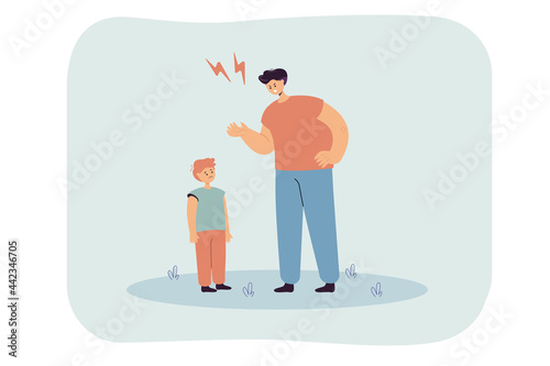 Angry father punishing sad little son. Flat vector illustration. Parent bringing up child, strictly warning, setting rules of conduct. Parenting, family conflict, abuse, relationship concept