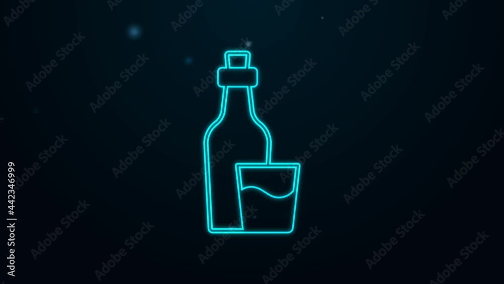 Glowing neon line Soju bottle icon isolated on black background. Korean rice vodka. 4K Video motion graphic animation Glowing neon line Soju bottle icon isolated on black background. Korean rice vodka. 4K Video motion graphic animation