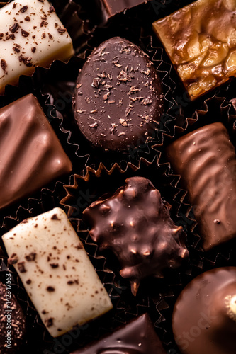 Bild auf Leinwand Swiss chocolates in gift box, various luxury pralines made of dark and milk organic chocolate in chocolaterie in Switzerland, sweet dessert food as holiday present and premium confectionery brand
