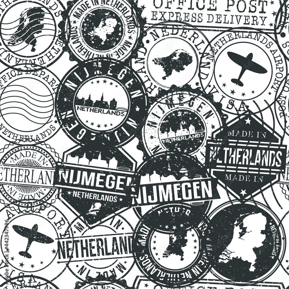 Fototapeta premium Nijmegen Netherlands Stamps Background. A City Stamp Vector Art. Set of Postal Passport Travel. Design Set Pattern.