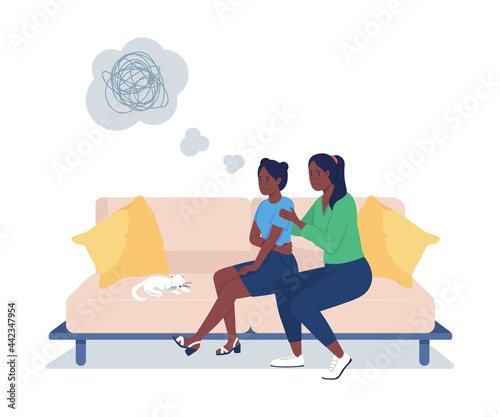 Mother support daughter semi flat color vector character. Sitting figures. Full body people on white. Teen problems isolated modern cartoon style illustration for graphic design and animation