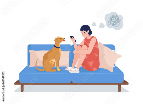Sad girl look at phone semi flat color vector character. Sitting figure. Full body person on white. Teen problems isolated modern cartoon style illustration for graphic design and animation