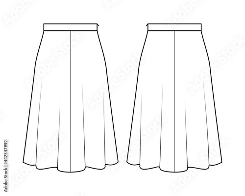Fashion technical drawing of flared waist skirt