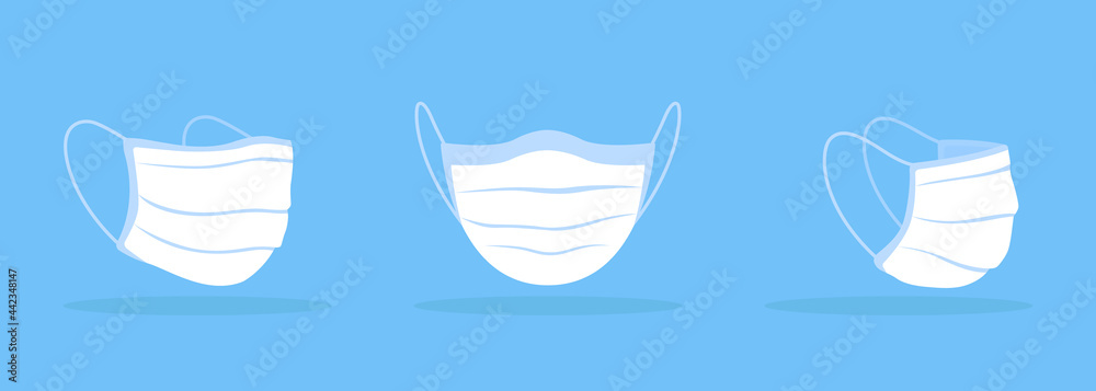 Surgical face mask white mockup. Stretching over face. Fabric mask with elastic bands with folds. Providing custom fit. Modern item clipart. Isolated design template on blue background