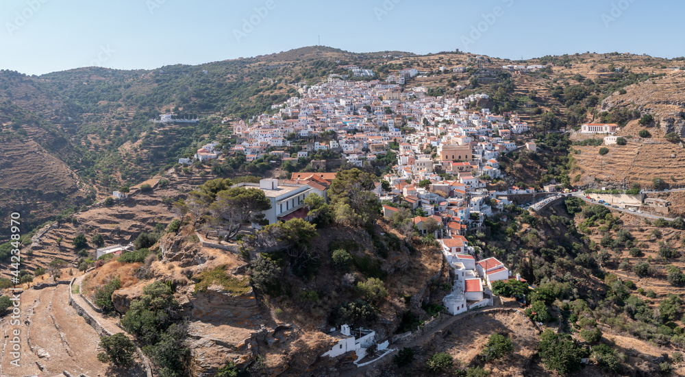 Greece, Kea island. Aerial drone view panorama of Ioulis chora