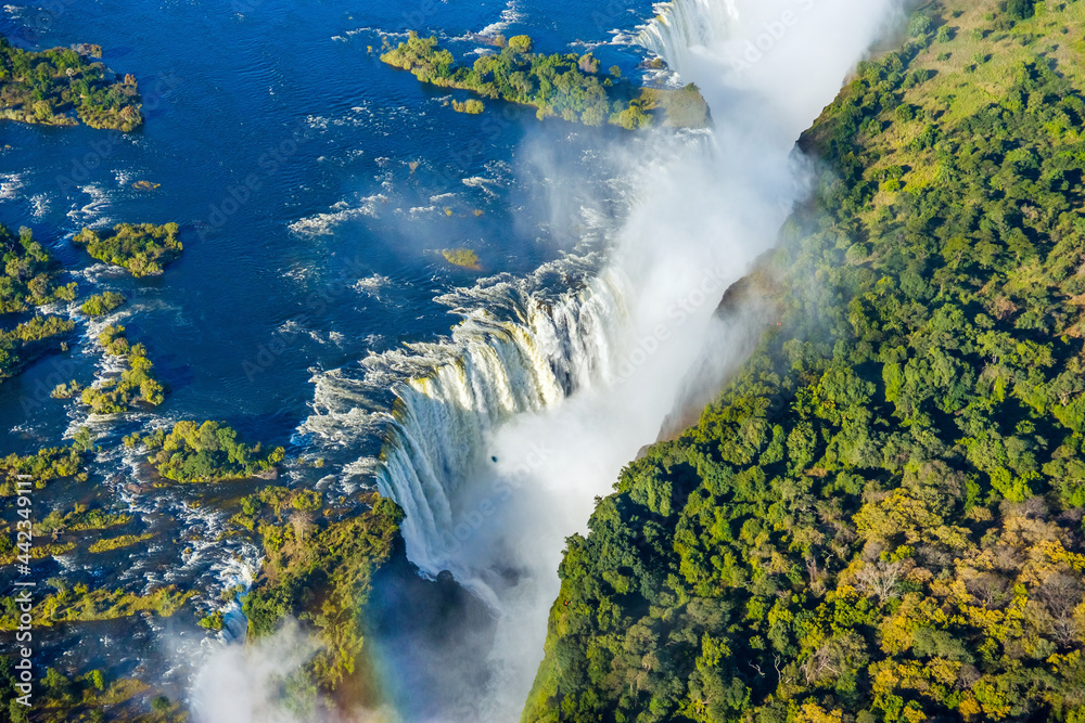 Bird eye view of the Victoria falls waterfall on Zambezi river - obrazy, fototapety, plakaty 