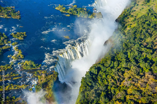 Bird eye view of the Victoria falls waterfall on Zambezi river