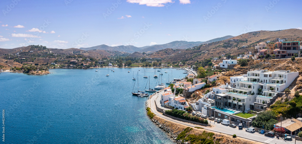 Greece, Kea Tzia island. Vourkari marina and Gialiskari village aerial drone view