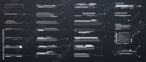 Callouts titles. Callout bar labels, information call box bars and modern digital info. Tech digital info boxes hud templates. Futuristic set advertising communication. Vector illustration
