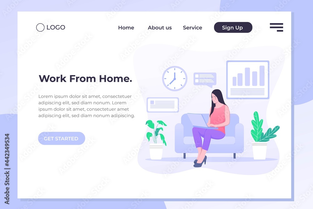 Girl sitting on the sofa works with laptop, modern freelancer template for website. Concept with characters and text for services. Web page, flat design illustration