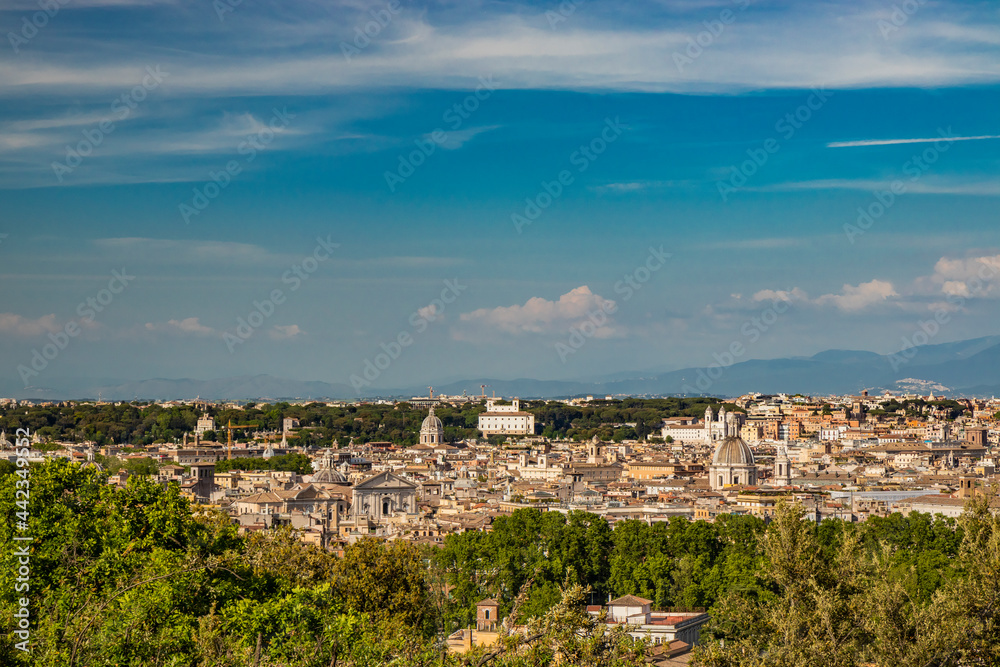 Rome, Lazio, Italy - The beautiful panorama of the city, seen from the top of the Janiculum (Janiculum). The splendid view of the historic buildings, churches and unique monuments of the Eternal City.