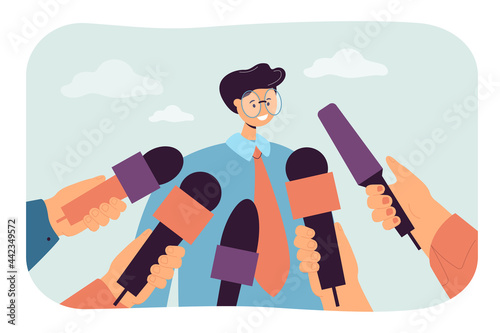 Cartoon man giving opinion to public press. Hands holding mics, guy giving interview or comments flat vector illustration. Television, journalism concept for banner, website design or landing web page