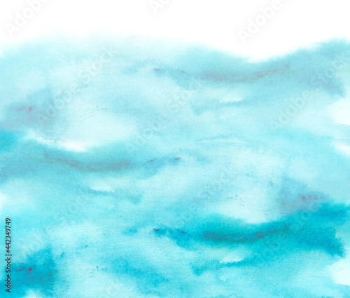 Watercolor line of blue paint, splash, smear, blot, abstraction. Abstract watercolor art frame. Strokes of paint, lines, splash. Horizontal line,background. Blue sea, Hill, fog mountain