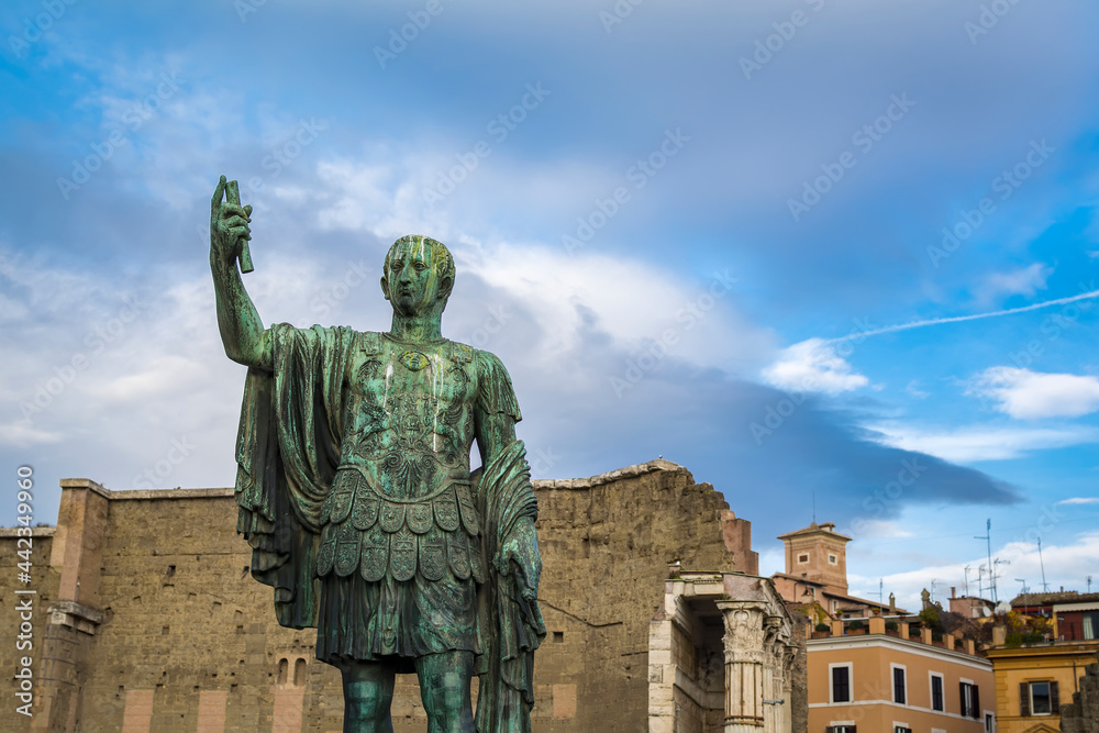 Statue of Imp Caesari Nervae with Forum of Augustus in background, Rome, Italy