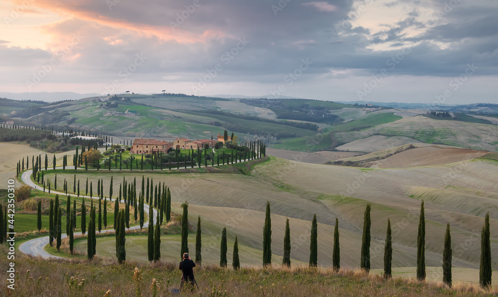 photographer takes a photo of farm and road with cypress at sunset in Val d'Orcia. Tuscany. Italy