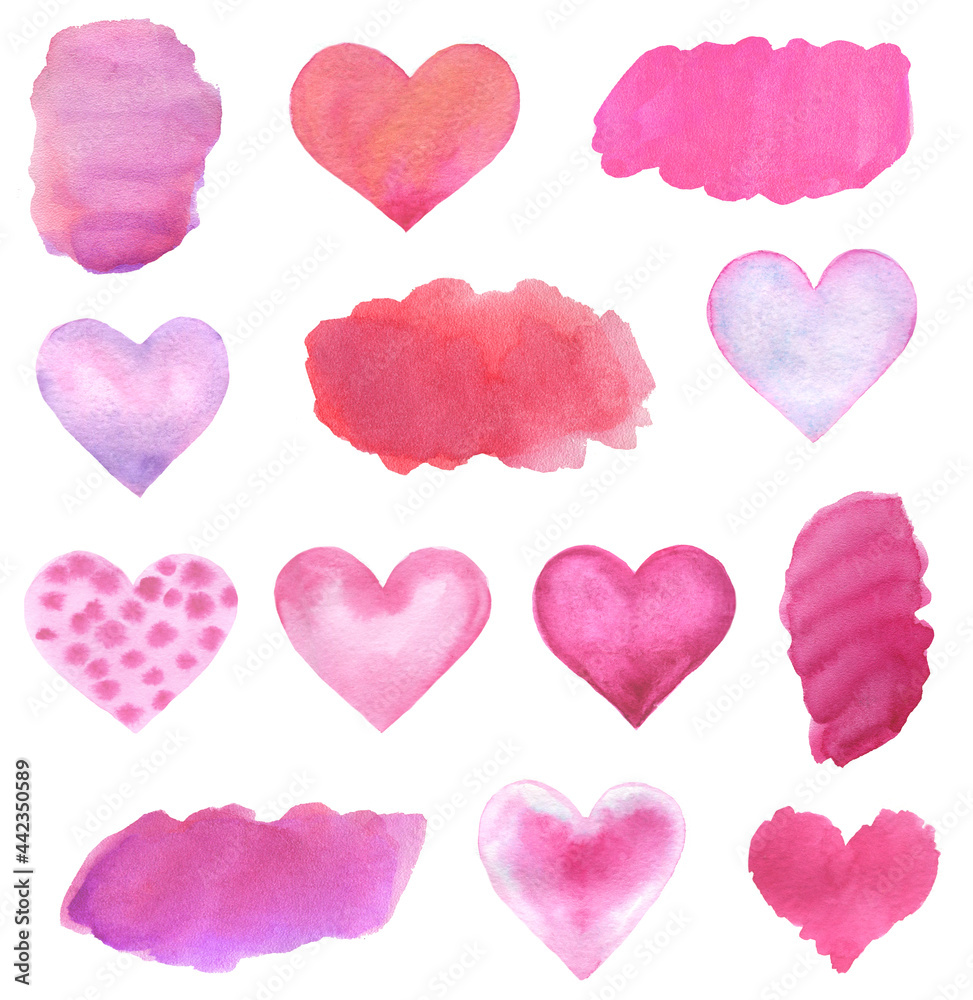 set of brush strokes backgrounds and heart shape symbols made in watercolor. hand drawn