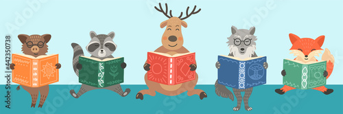 Cute woodland animals read books. Children's vector illustration. Kids' library concept. Storytime.