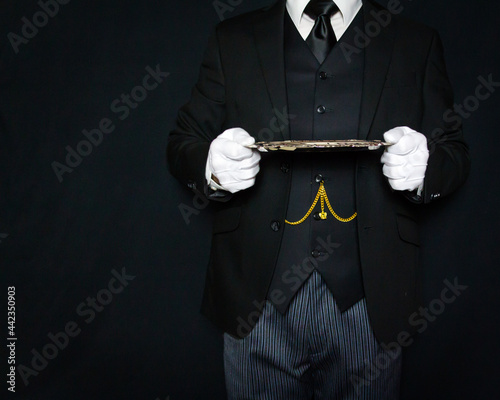 Portrait of Butler in Dark Suit and White Gloves Standing at Impeccable Attention Holding Silver Serving Tray on Black Background. Concept of Service Industry and Professional Hospitality.