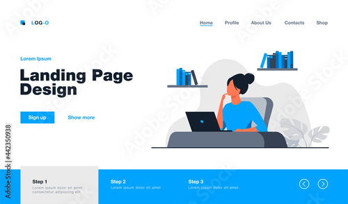 Student girl studying at laptop. Computer, books on shelves, sitting at desk flat vector illustration. Studying, distance learning concept for banner, website design or landing web page