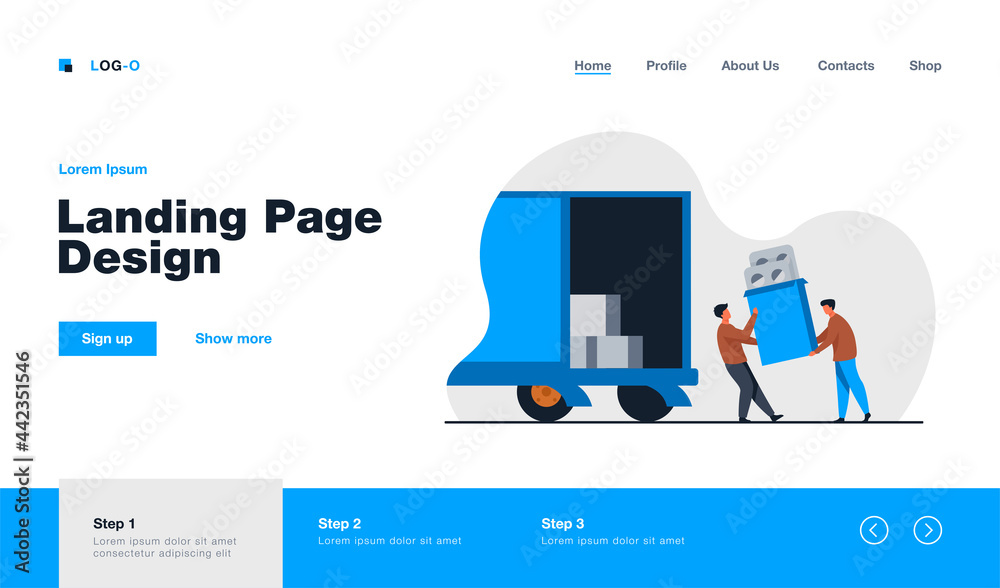 Logistic workers delivering meds. Warehouse employees loading truck with pills flat vector illustration. Pharmacy, business, logistics, delivery concept for banner, website design or landing web page