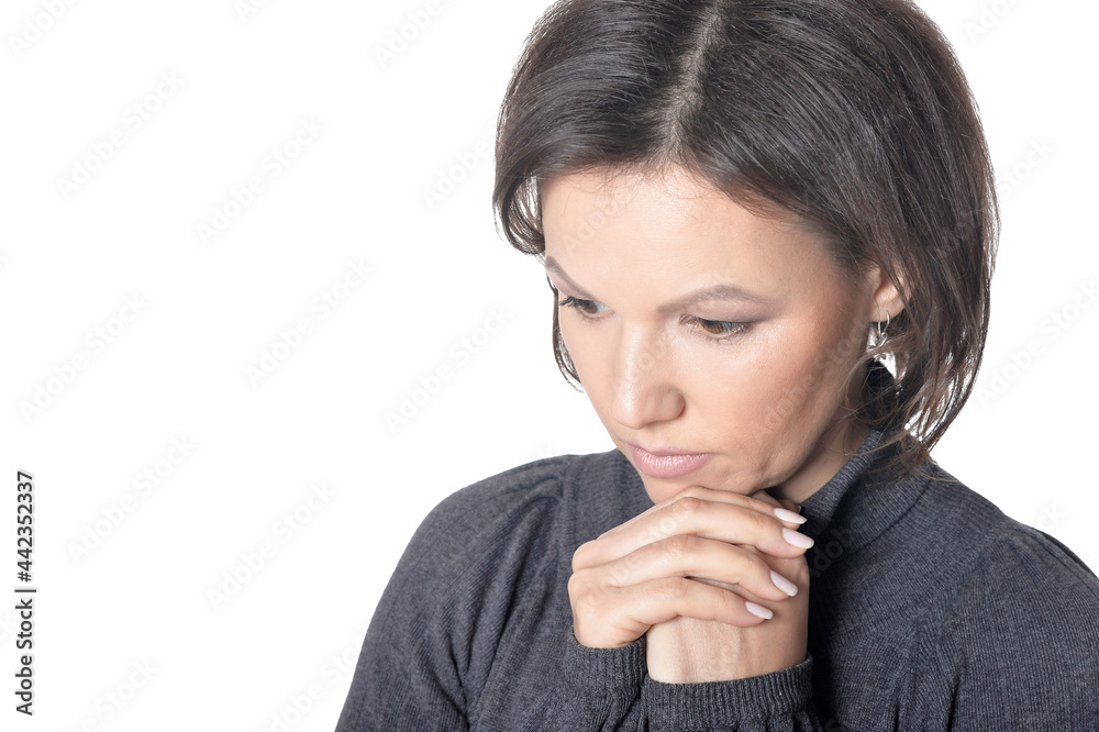 portrait of beautiful sad woman isolated on white portrait of beautiful sad woman isolated on white