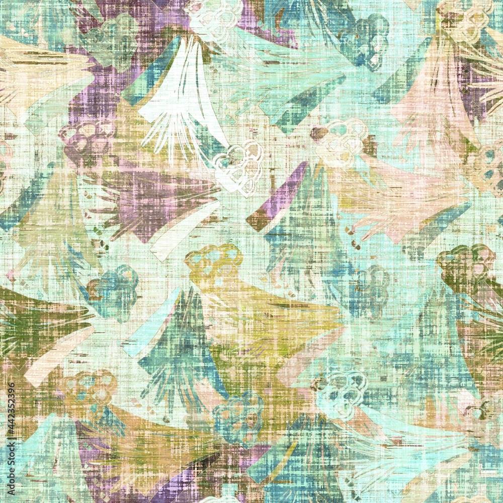 Obraz premium Rustic mottled linen woven texture. Seamless printed fabric pattern. Tropical pastel coastal style. Interior textile background. Mottled colorful peach green dye stains. Soft rustic summer home decor 