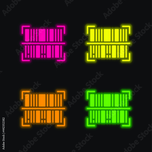 Barcode four color glowing neon vector icon
