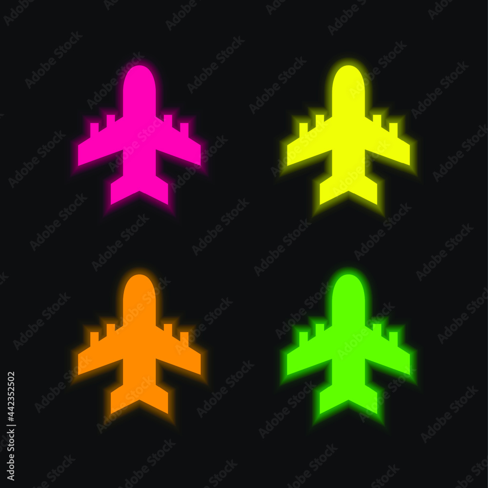 Obraz premium Airplane four color glowing neon vector icon