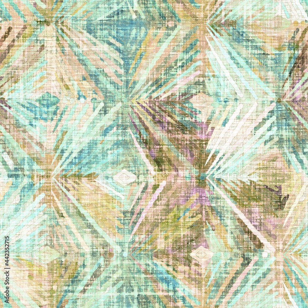 Fototapeta premium Rustic mottled linen woven texture. Seamless printed fabric pattern. Tropical pastel coastal style. Interior textile background. Mottled colorful peach green dye stains. Soft rustic summer home decor 