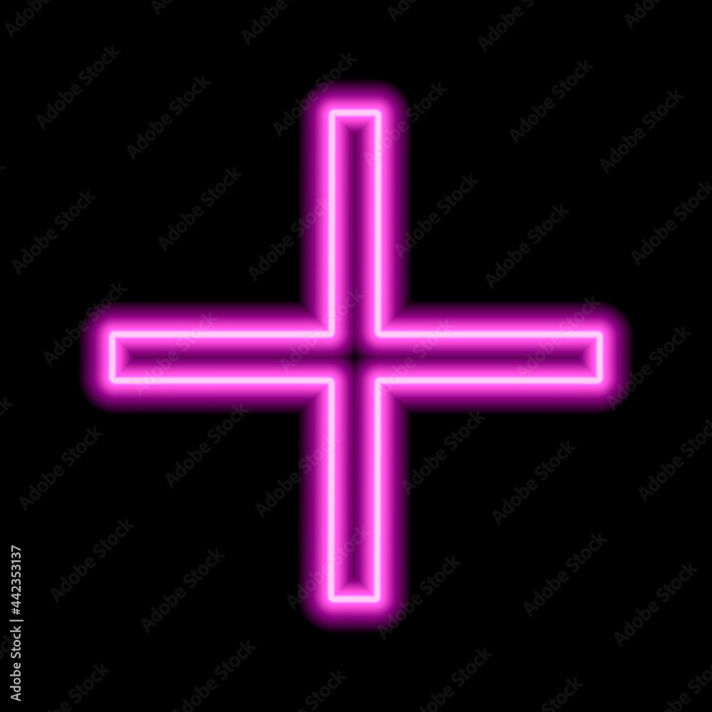 Fototapeta premium Pink neon cross on a black background. One object. Plus sign