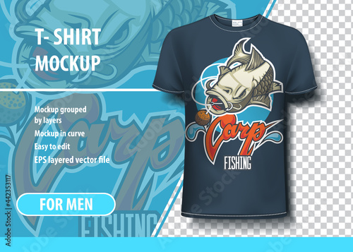 T-shirt mock-up template with fishing theme on black background. Editable vector layout.