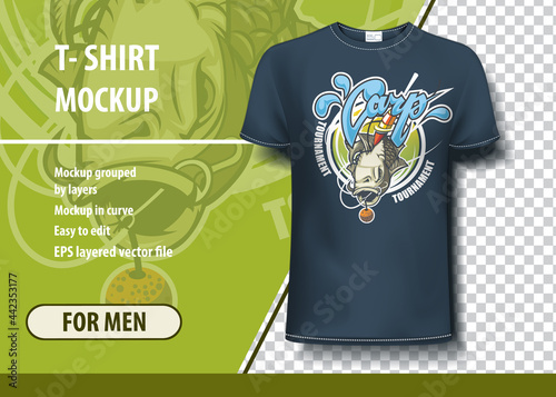T-shirt mock-up template with Carp fishing tournament. Editable vector layout.