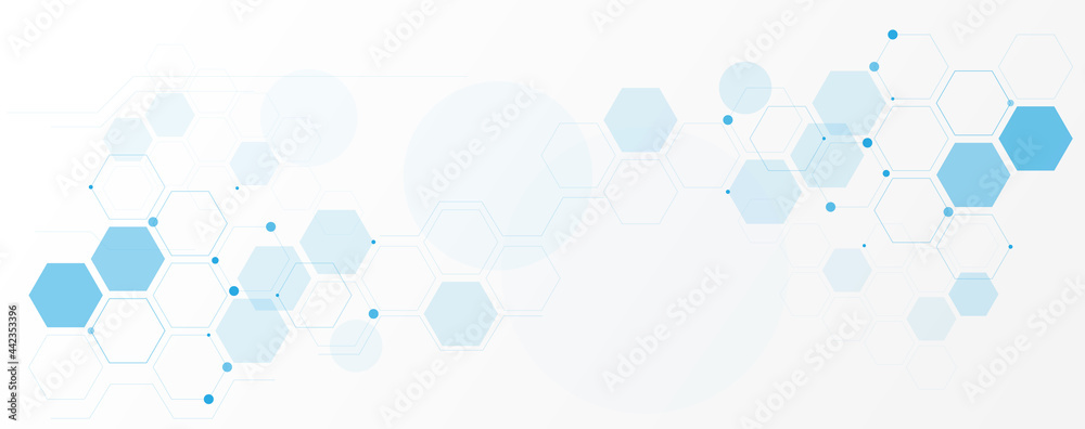 Geometric abstract background with blue hexagons. Structure molecule and communication. Science, technology and medical concept. Vector illustration - obrazy, fototapety, plakaty 
