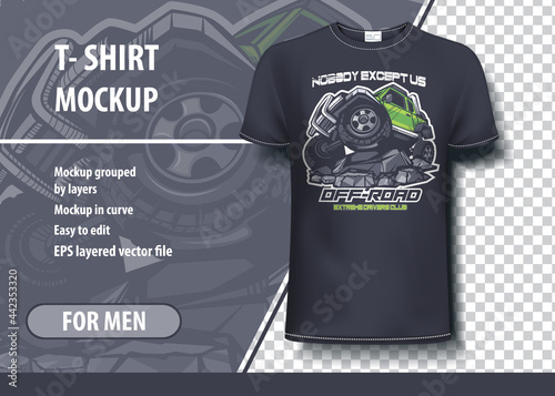 T-shirt mock-up template with green Off Road, SUV on mountain. Editable vector layout.