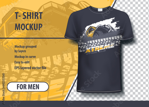 T-shirt mock-up template with extreme Off Road, SUV club logo. Editable vector layout.