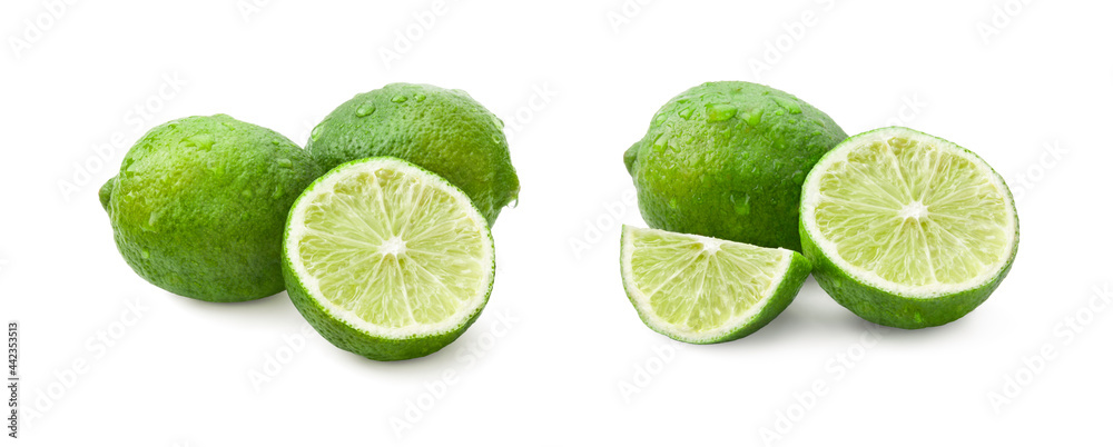 Isolated Lime and Lime Fragments on white background.